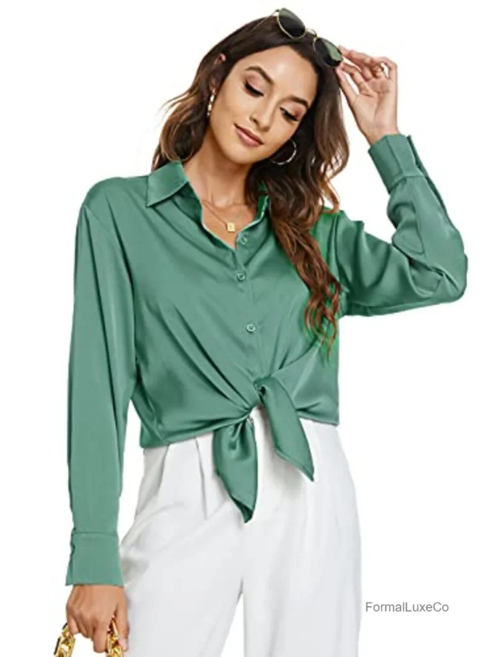 Women's Long Sleeve Button Down Satin Silk Shirt Blouse Business Office Casual